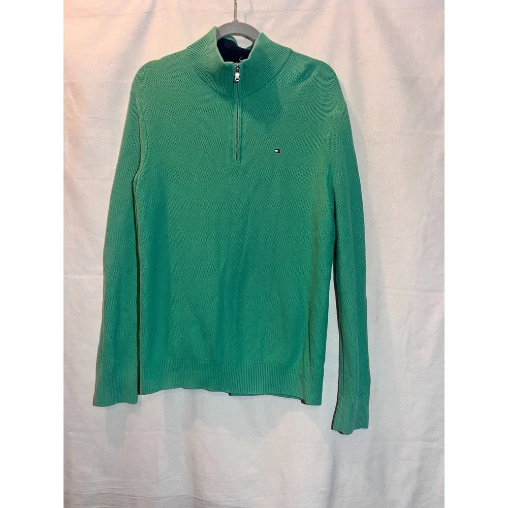 Tommy Hilfiger Mens SZ L 1/4 Zip Mock Neck Sweater Pullover Knit  Green Logo B9